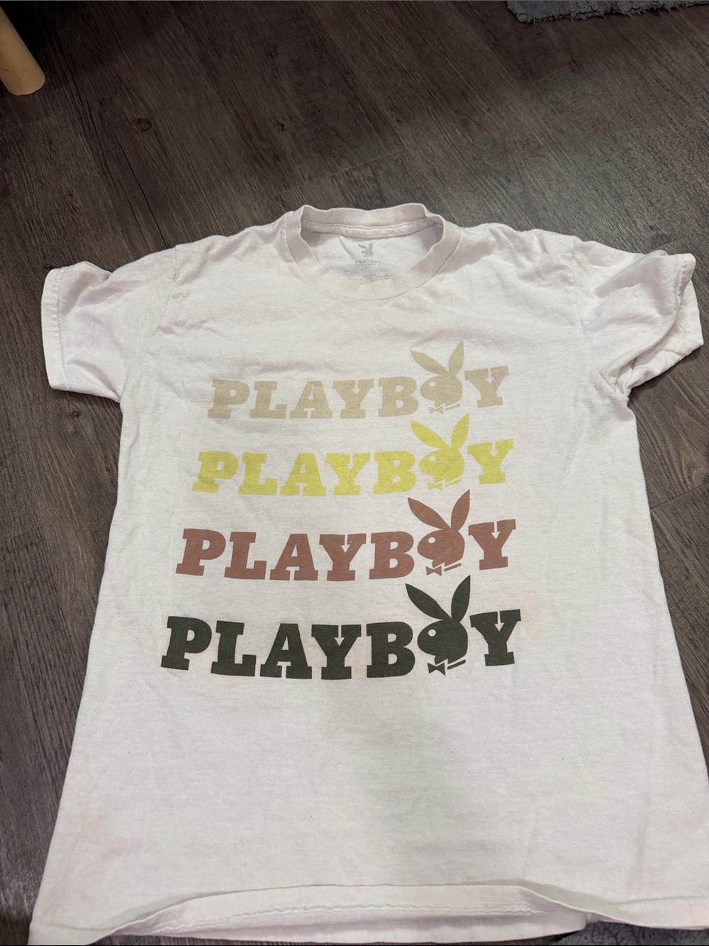 PLAYBOY White Tee with Stacked Earth-Tone Logos